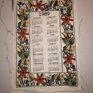 Vintage 1989 Calendar Floral Border Hanging Tea Towel